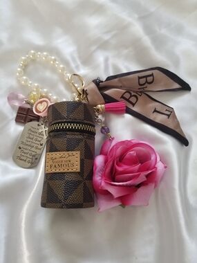 Brown Checker Cylinder Keychain Pouch with 3D Pink Rose Accent